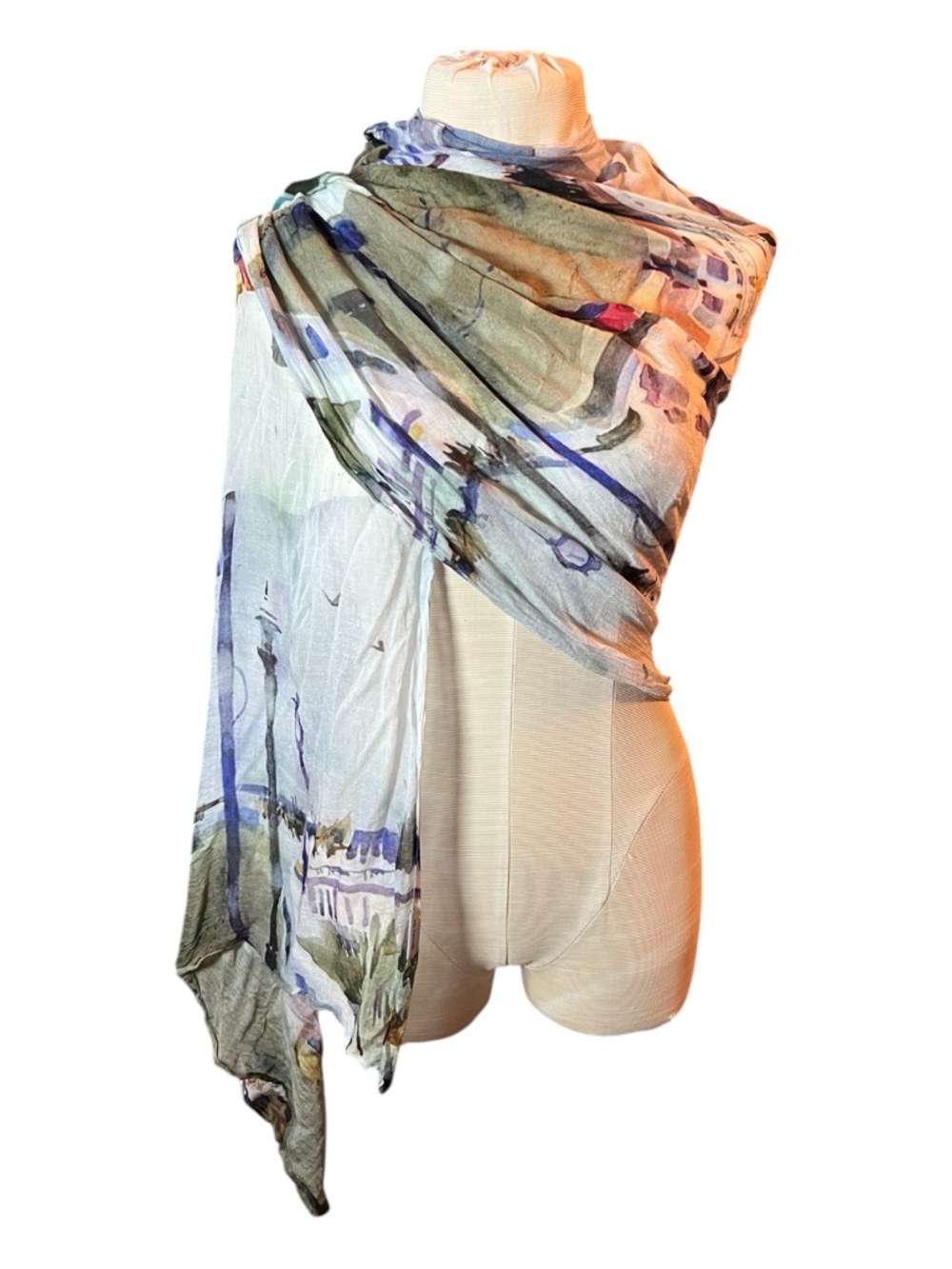 Lightweight Watercolor Print Wrap Scarf - Blue & Green